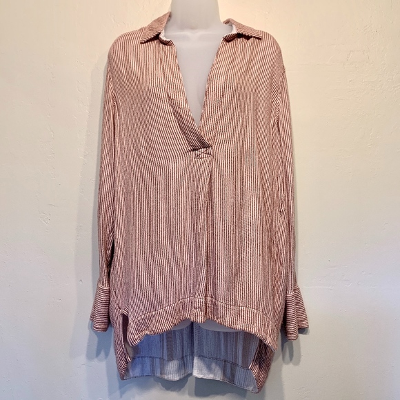 Free People | Pinstriped Long Sleeve Collared Deep V-Neck Peasant Tunic Top - Picture 2 of 8